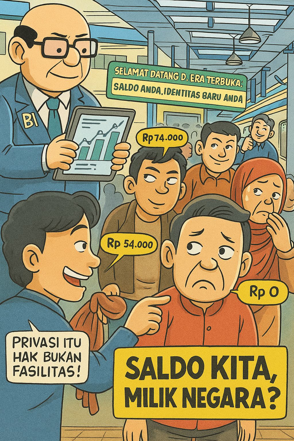 gambar karikatur BI luncurkan Paymen ID dan kekhawatiran rakyat terhadap privasi keuangan digital